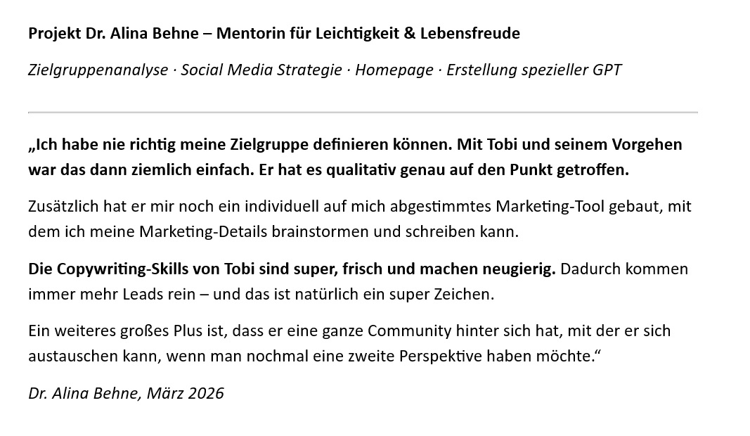 Testimonial von Dr. Alina Behne, Mentorin Leichtigkeit & Lebensfreude im Business, über die Zusammenarbeit mit Tobias Behne