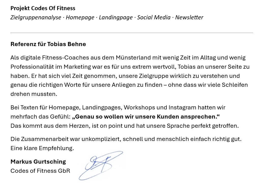 Testimonial von Markus Gurtsching, Codes of Fitness GbR, über die Zusammenarbeit mit Tobias Behne