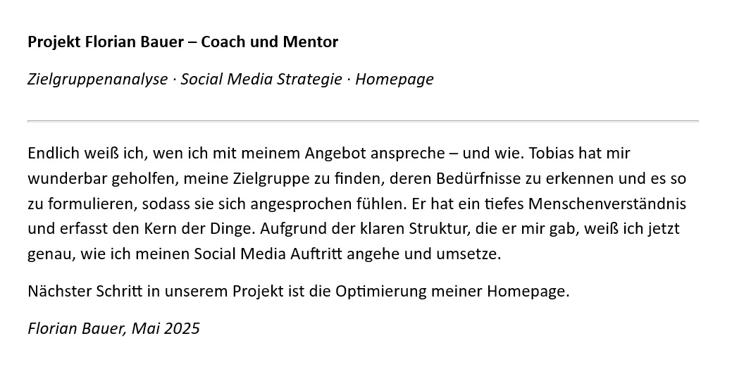 Testimonial von Florian Bauer, Coach und Mentor, über die Zusammenarbeit mit Tobias Behne