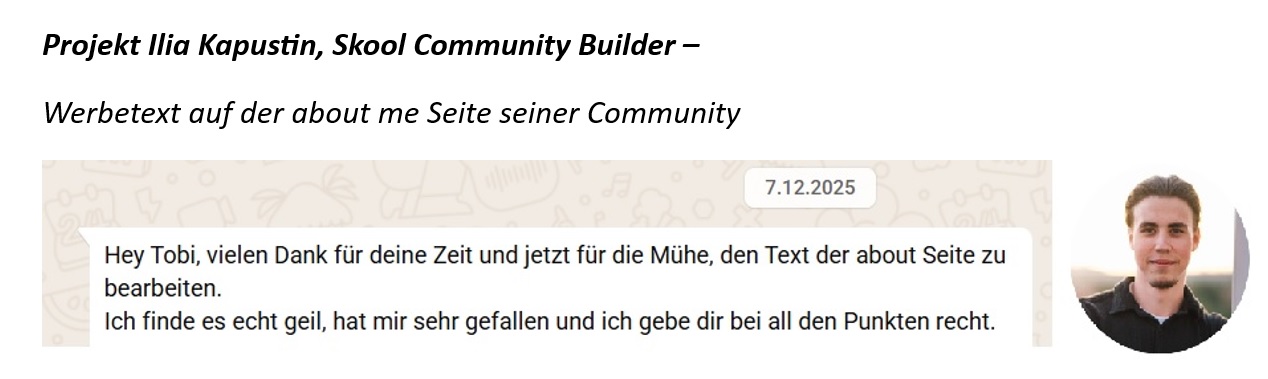 Testimonial von Ilia über die Bearbeitung der About-Seite durch Tobias Behne